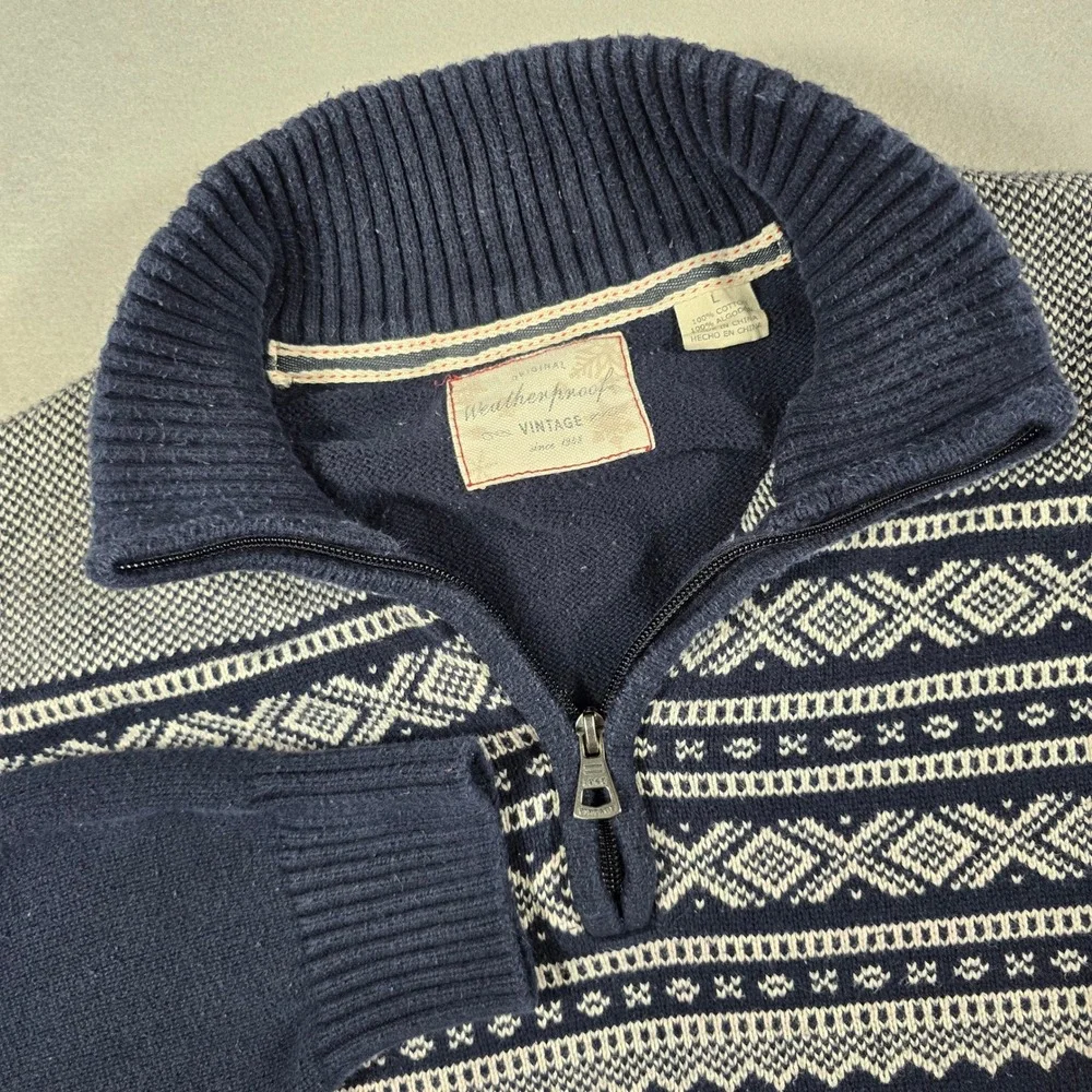 Weatherproof Mens Large Navy Blue Sweater Quarter Zip Fair Isle Cotton Pullover